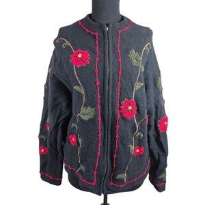 Vintage Katie Todd 100% Wool Embroidered Cardigan Sweater- Size Medium